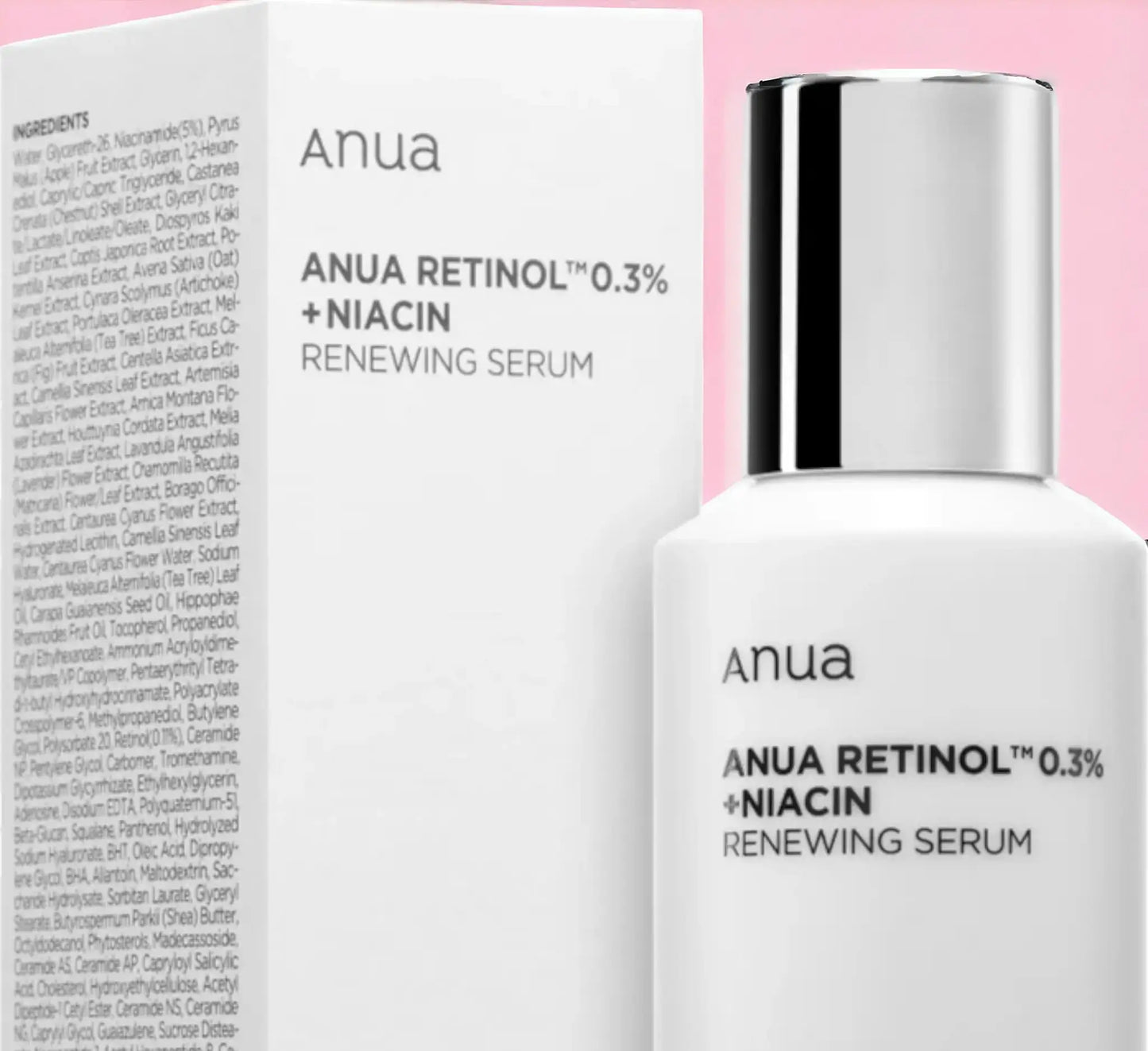 ANUA Retinol 0.3% + Niacin Renewing Serum com frasco junto a livro rosa – sérum suave com retinol estabilizado e niacinamida para uniformizar a pele, cosmética coreana, skincare k-beauty Portugal
