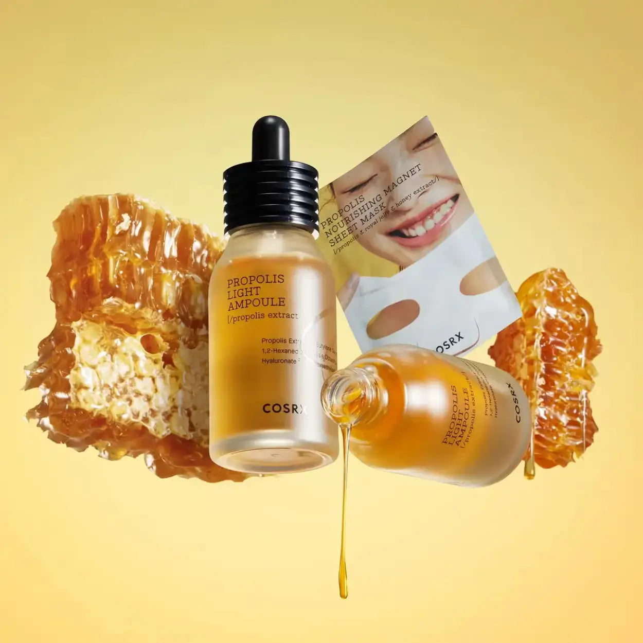 COSRX Full Fit Propolis Light Ampoule em cenário com luz quente e textura de mel – sérum nutritivo e antioxidante, ideal para pele baça ou desidratada, cosmética coreana, skincare k-beauty Portugal