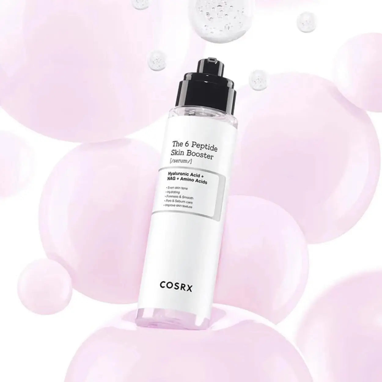 Frasco do COSRX The 6 Peptide Skin Booster Serum com bolhas de fundo – sérum facial coreano com péptidos multifuncionais para revitalização e elasticidade, cosmética coreana, skincare k-beauty Portugal