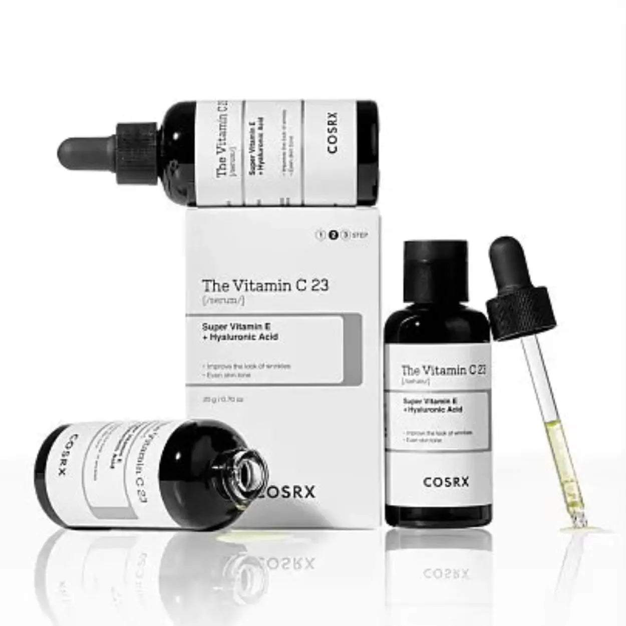 Embalagem completa do COSRX The Vitamin C 23 Serum com frasco e conta-gotas – sérum facial coreano com alta concentração de vitamina C, ideal para manchas e tom irregular, cosmética coreana, skincare k-beauty Portugal