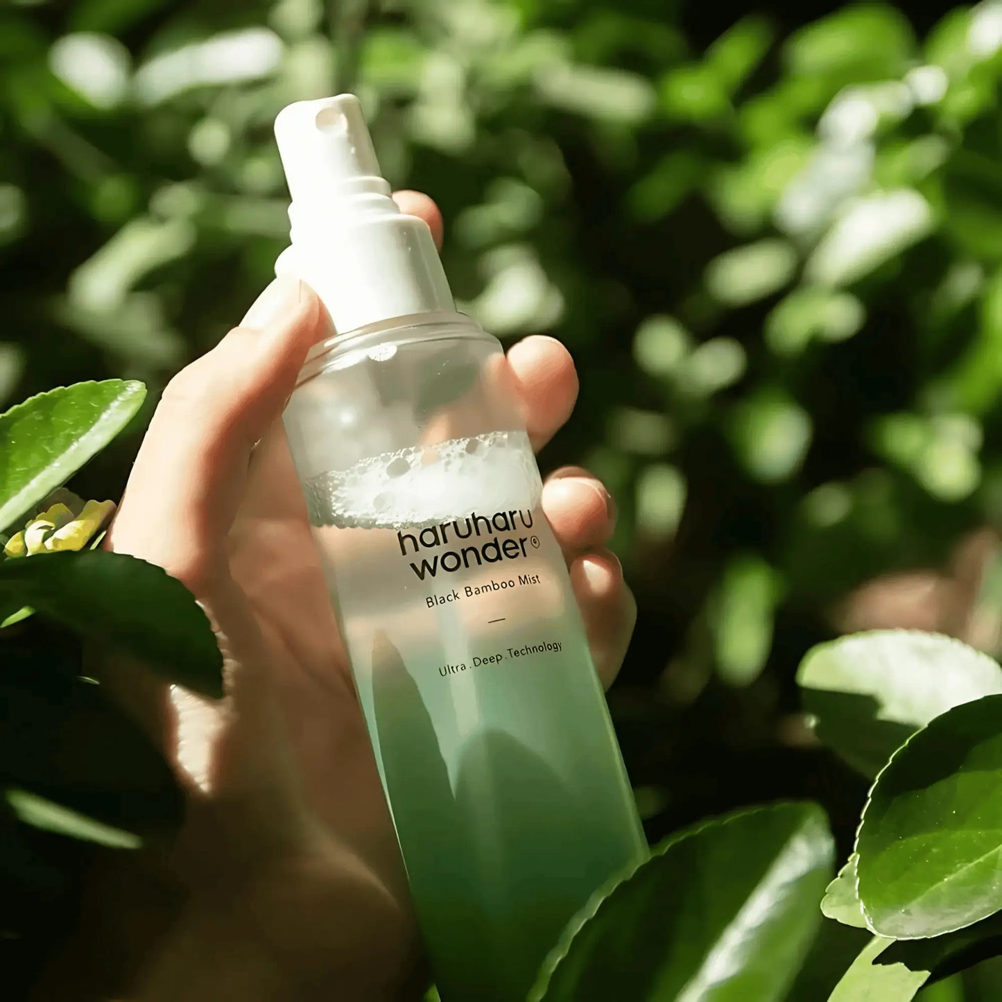 Haruharu Wonder Black Bamboo Mist – bruma facial hidratante com extrato de bambu preto, ideal para refrescar e revitalizar a pele, mostrada ao ar livre com luz natural, cosmética coreana e skincare k-beauty Portugal
