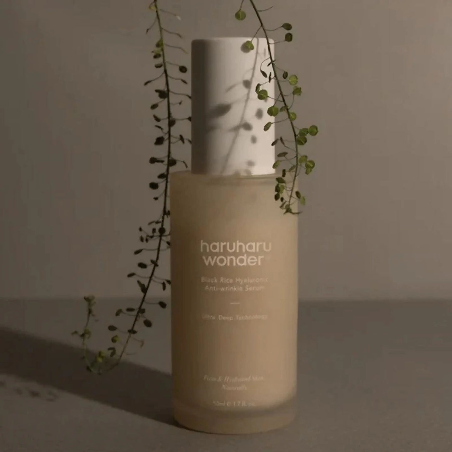 Haruharu Wonder Black Rice Hyaluronic Anti-Wrinkle Serum com elementos vegetais e fundo escuro – sérum facial intensivo com ácido hialurónico e extrato de arroz preto, reduz rugas e melhora elasticidade, cosmética coreana, skincare k-beauty Portugal