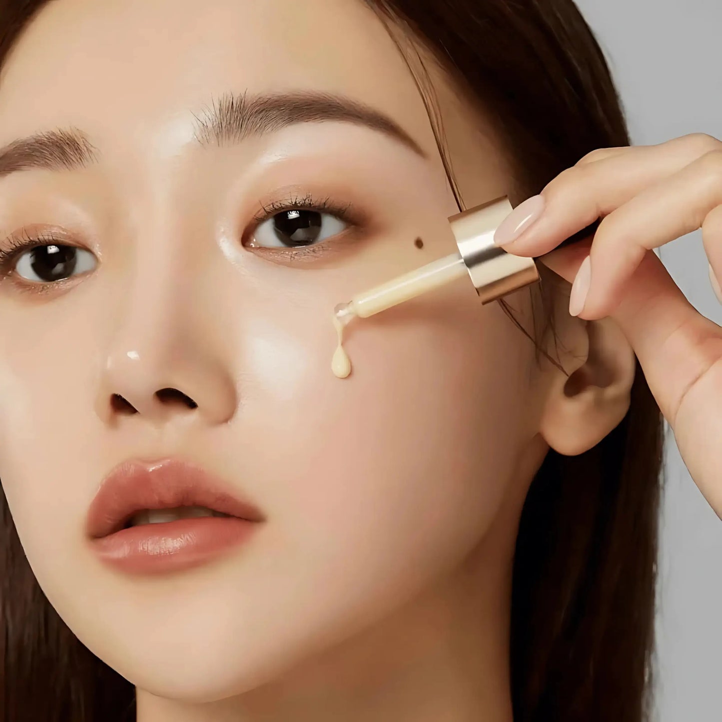 Medicube Deep Vita C Ampoule 2.0 – mulher a aplicar a ampola no rosto com conta-gotas, demonstrando o uso diário para pele luminosa, com tom uniforme e sem manchas