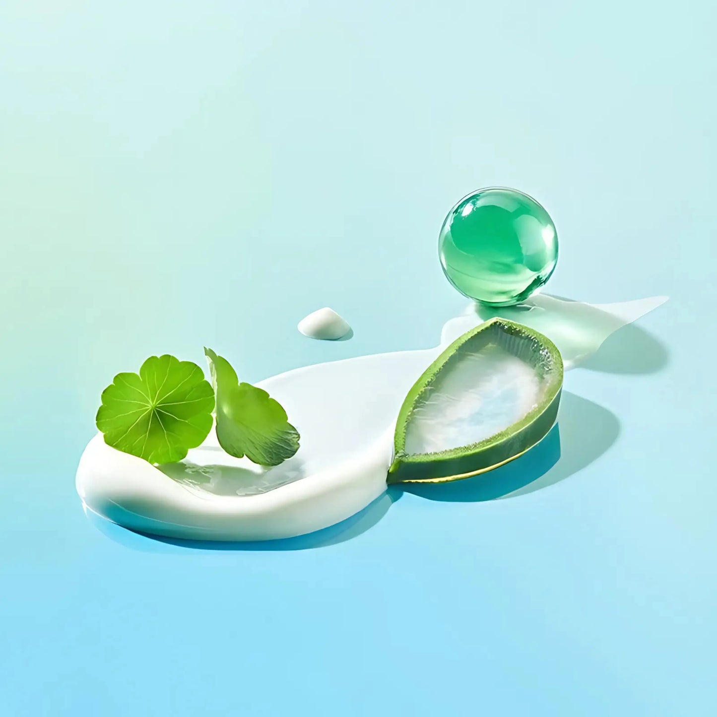 TOCOBO Cica Calming Sun Serum – composição visual com cápsulas, folhas de centella asiática e gotas, destacando os principais ingredientes calmantes e hidratantes do sérum solar coreano