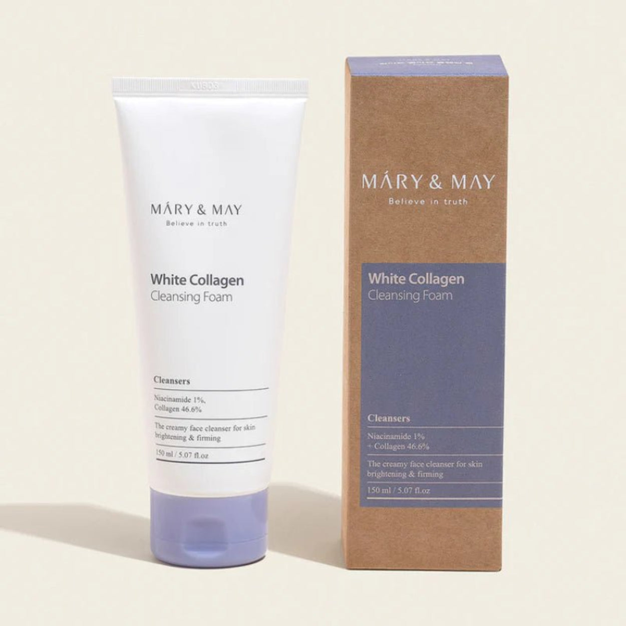 White Collagen Cleansing Foam da Mary & May – espuma de limpeza cremosa com 46,6% de colagénio e 1% de niacinamida, ideal para iluminar e reafirmar a pele. Remove impurezas e excesso de oleosidade sem ressecar, deixando a pele hidratada e radiante. Um essencial na tua rotina de skincare coreano para uma limpeza eficaz e delicada