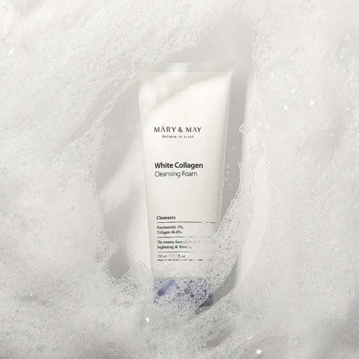 White Collagen Cleansing Foam da Mary & May – espuma de limpeza cremosa com 46,6% de colagénio e 1% de niacinamida, ideal para iluminar e reafirmar a pele. Remove impurezas e excesso de oleosidade sem ressecar, deixando a pele hidratada e radiante. Um essencial na tua rotina de skincare coreano para uma limpeza eficaz e delicada