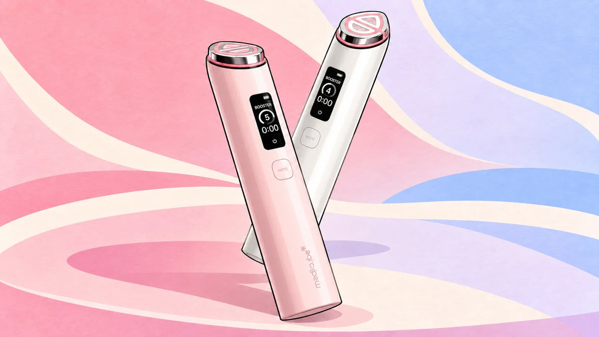 Acessórios — ilustração dos aparelhos Medicube rosa e branco