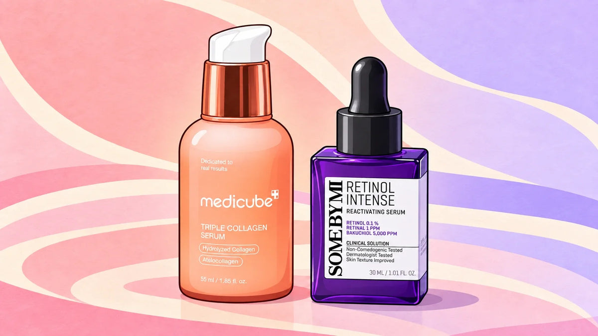 Séruns de tratamento — ilustração de Medicube Triple Collagen e SOME BY MI Retinol Intense