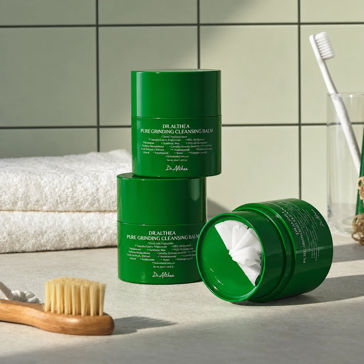 Três embalagens de Dr. Althea Pure Grinding Cleansing Balm numa bancada de casa de banho, uma delas aberta.