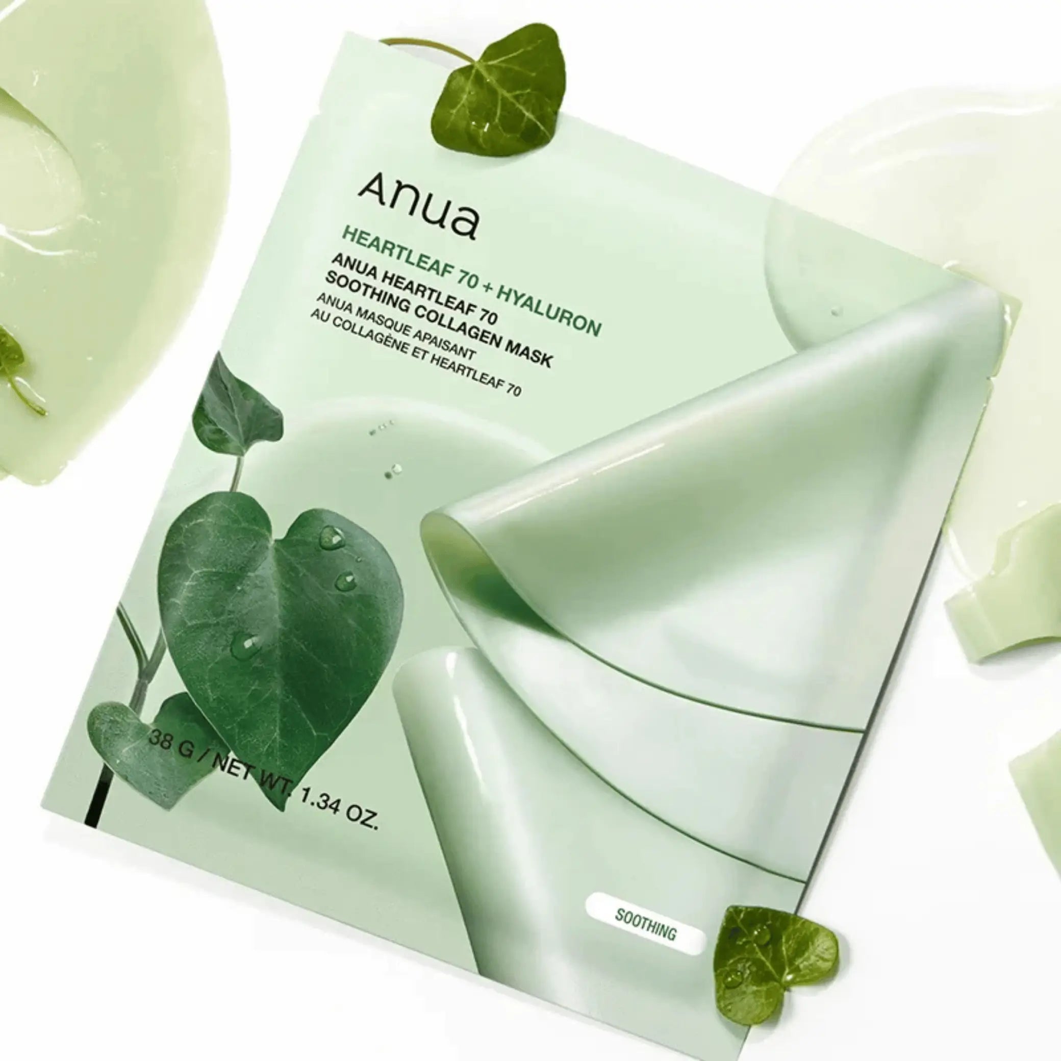 Heartleaf 70 Soothing Collagen Mask da ANUA embalagem e máscara