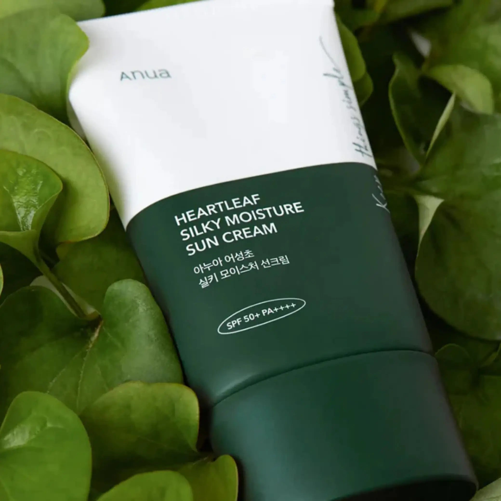 ANUA – Heartleaf Silky Moisture Sun Cream SPF50+, embalagem do protetor solar calmante para pele sensível, cosmética coreana skincare Portugal