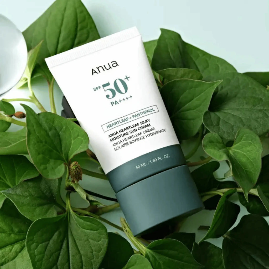 ANUA – Heartleaf Silky Moisture Sun Cream SPF50+, protetor solar coreano com extrato de heartleaf calmante, cosmética coreana skincare Portugal