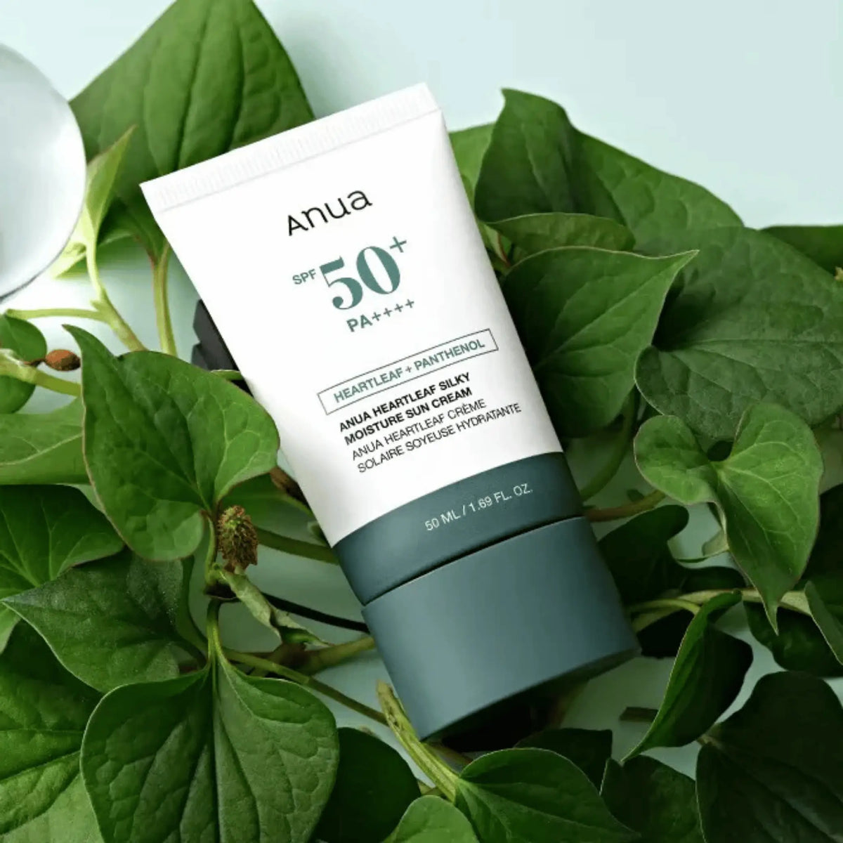 ANUA – Heartleaf Silky Moisture Sun Cream SPF50+, protetor solar coreano com extrato de heartleaf calmante, cosmética coreana skincare Portugal