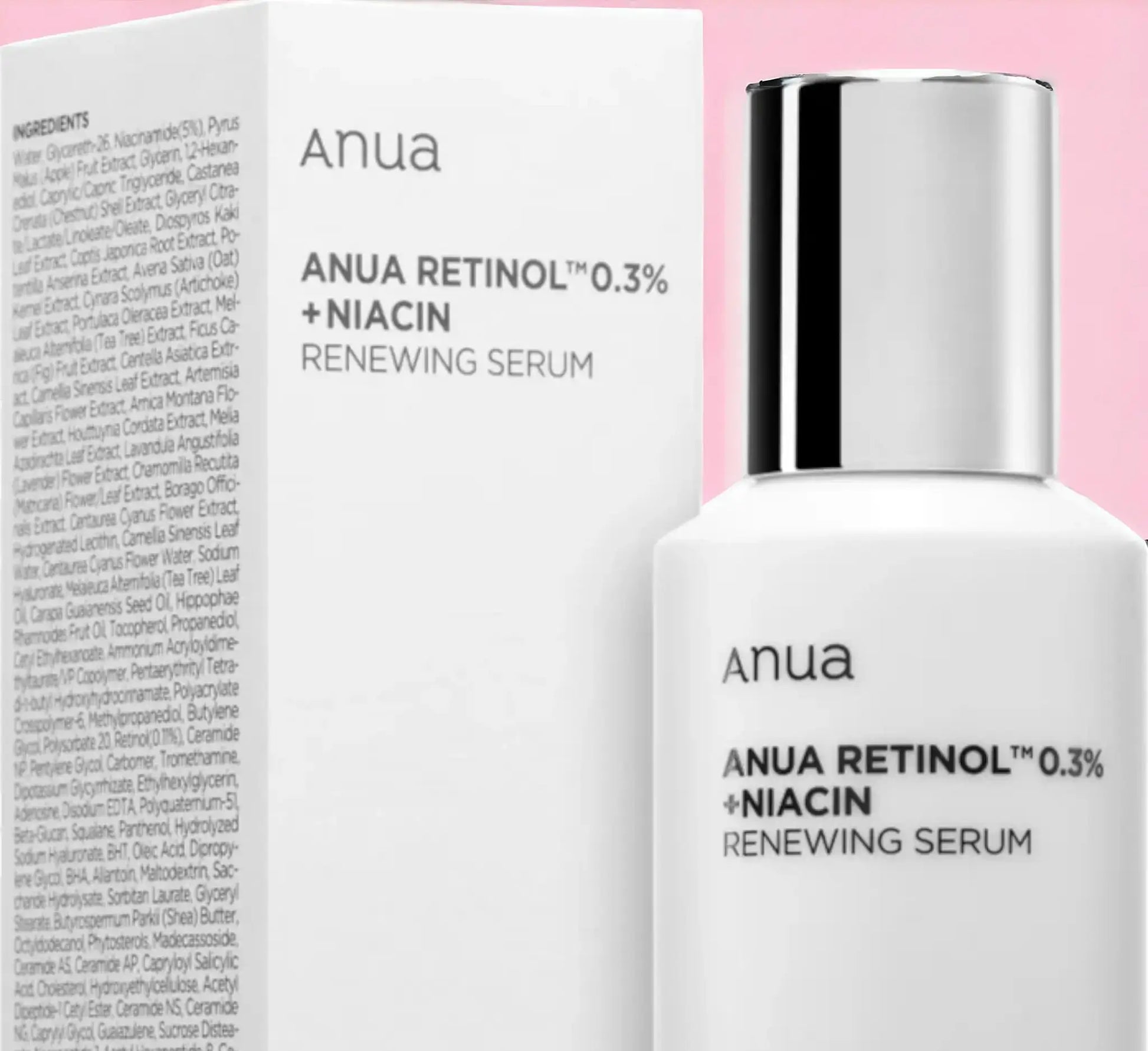 ANUA Retinol 0.3% + Niacin Renewing Serum com frasco junto a livro rosa – sérum suave com retinol estabilizado e niacinamida para uniformizar a pele, cosmética coreana, skincare k-beauty Portugal