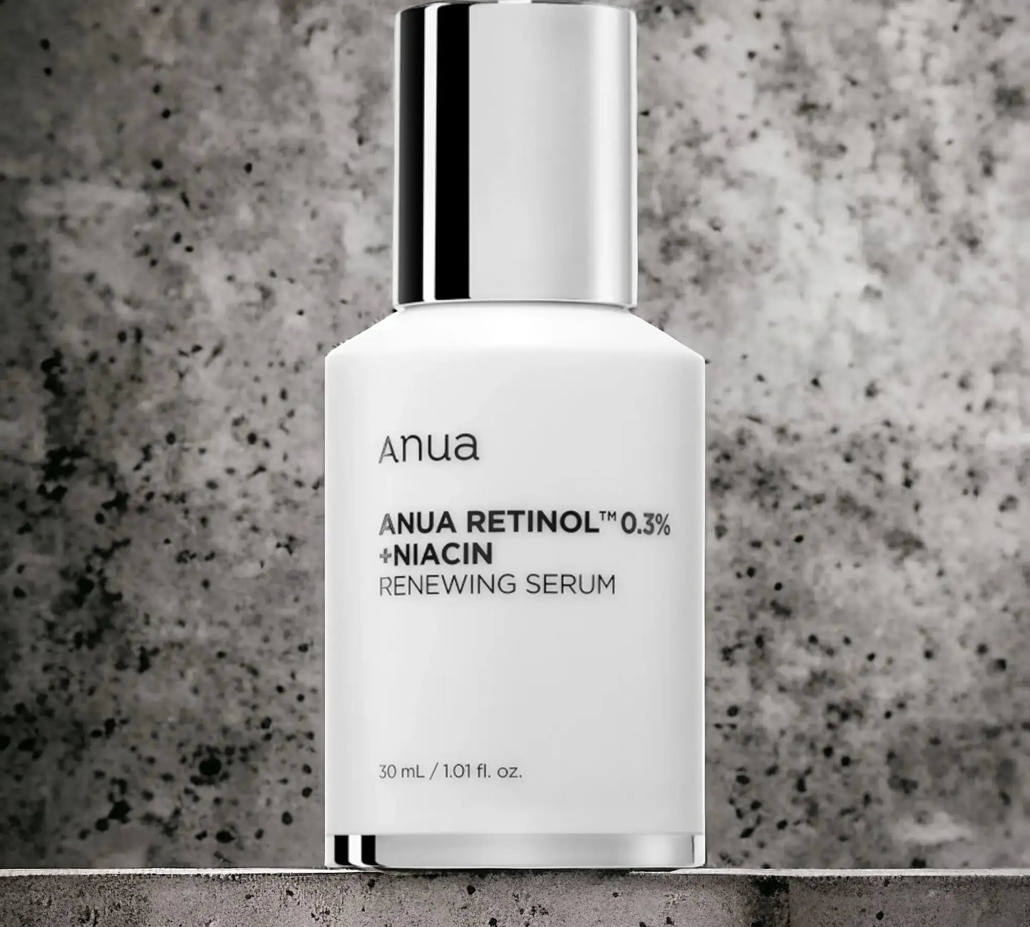 ANUA Retinol 0.3% + Niacin Renewing Serum sobre base texturizada de pedra – sérum antissinais de alta eficácia, ideal para pele madura ou baça, cosmética coreana, skincare k-beauty Portugal