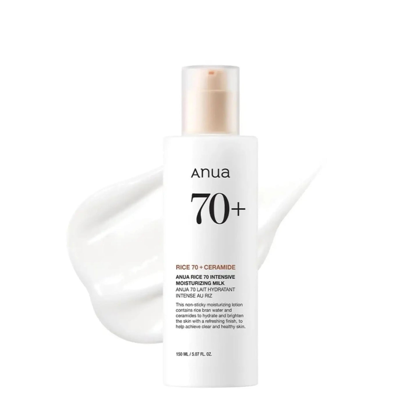 Anua Rice 70 Intensive Moisturizing Milk 150ml, loção facial coreana enriquecida com arroz para hidratação, reforço da barreira cutânea e luminosidade natural, frasco em pé com fundo branco e textura fluida em movimento, cosmética coreana skincare k-beauty Portugal.