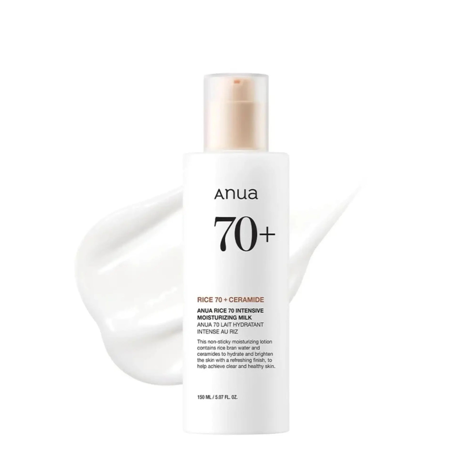 Anua Rice 70 Intensive Moisturizing Milk 150ml, loção facial coreana enriquecida com arroz para hidratação, reforço da barreira cutânea e luminosidade natural, frasco em pé com fundo branco e textura fluida em movimento, cosmética coreana skincare k-beauty Portugal.