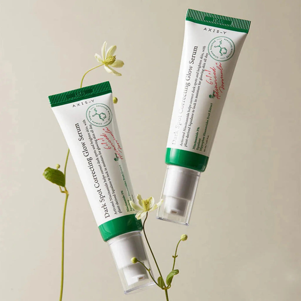 Dark Spot Correcting Glow Serum da AXIS-Y em dupla com flores pele luminosa cosmética coreana Portugal