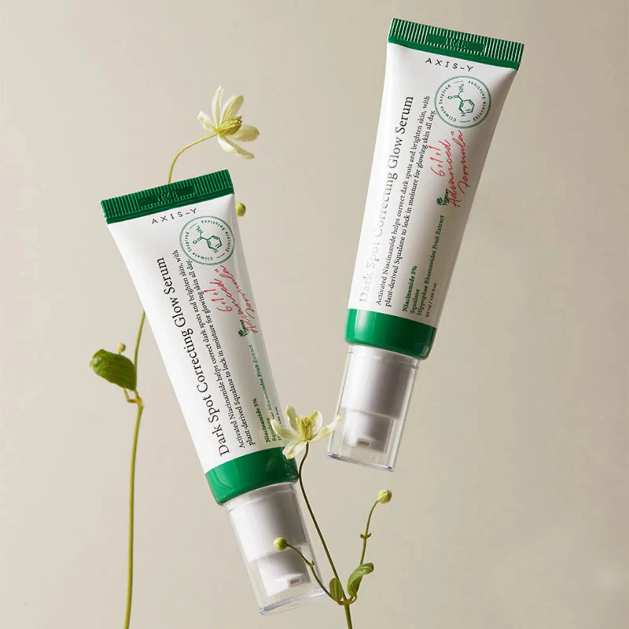 Dark Spot Correcting Glow Serum da AXIS-Y em dupla com flores pele luminosa cosmética coreana Portugal