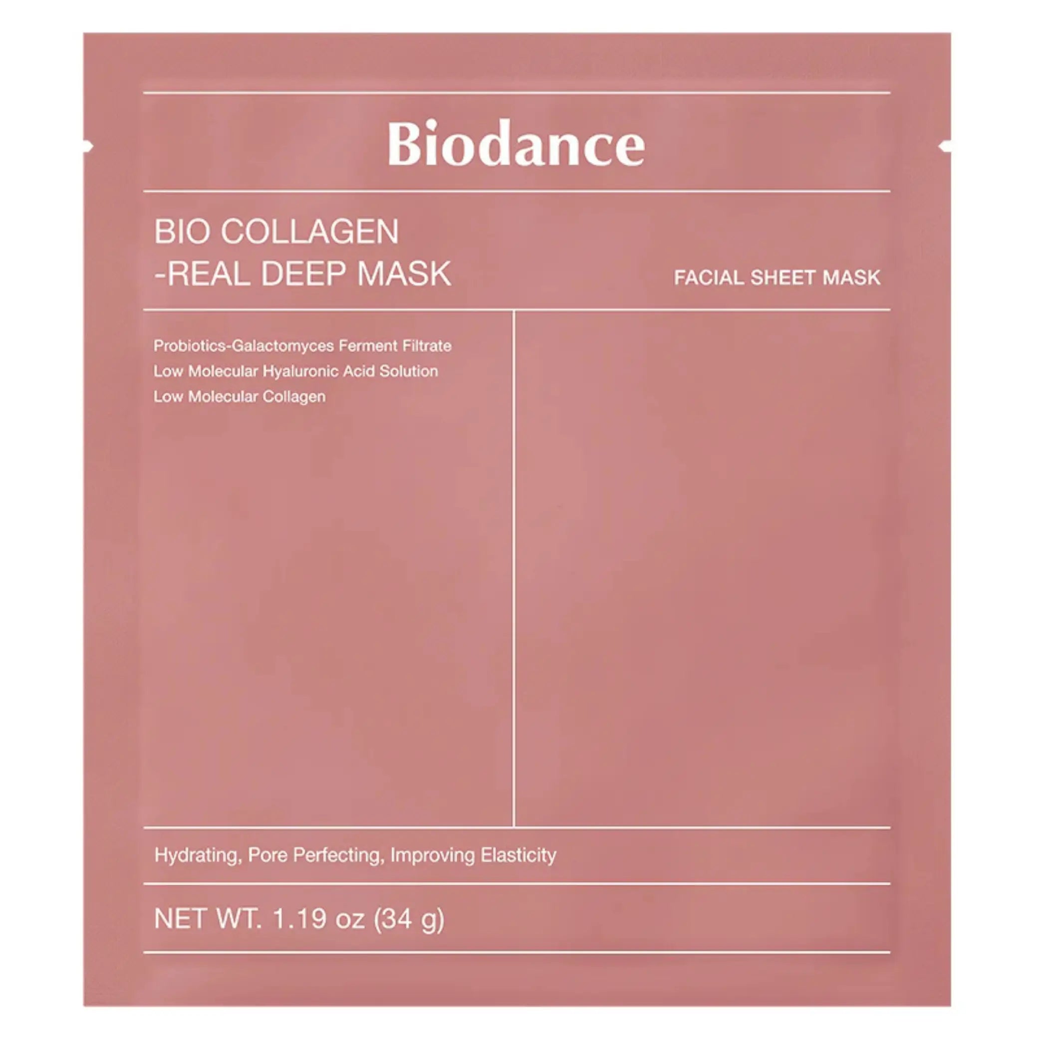 Bio-Collagen Real Deep Mask da Biodance embalagem frontal em fundo rosa