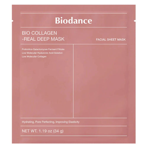 Bio-Collagen Real Deep Mask da Biodance embalagem frontal em fundo rosa