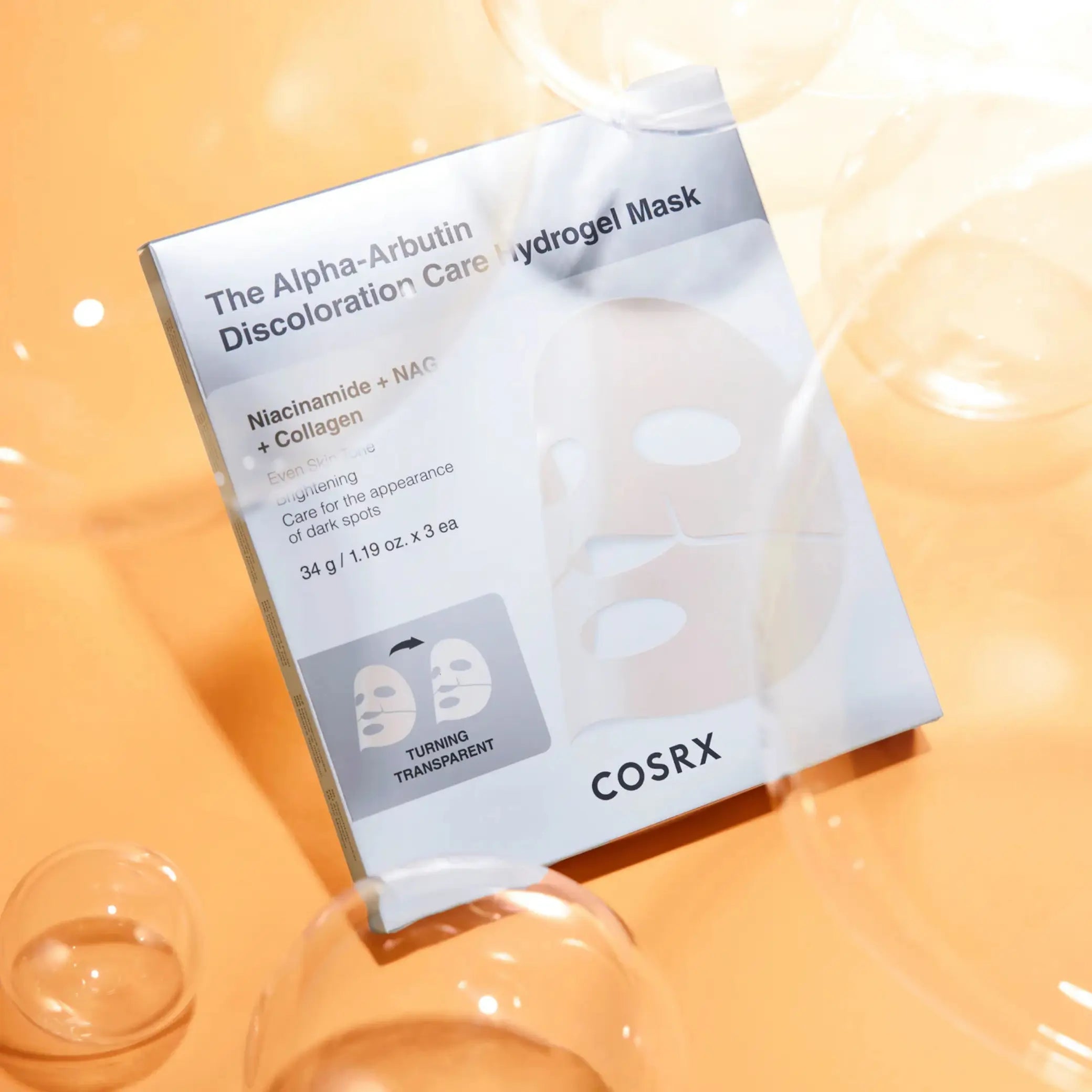 Arbutin Discoloration Hydrogel Mask da COSRX em caixa sobre fundo laranja