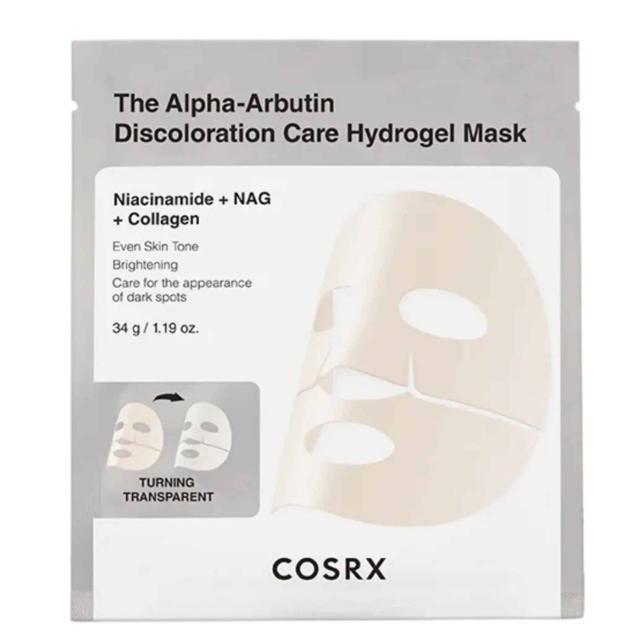 Arbutin Discoloration Hydrogel Mask da COSRX embalagem frontal em fundo branco