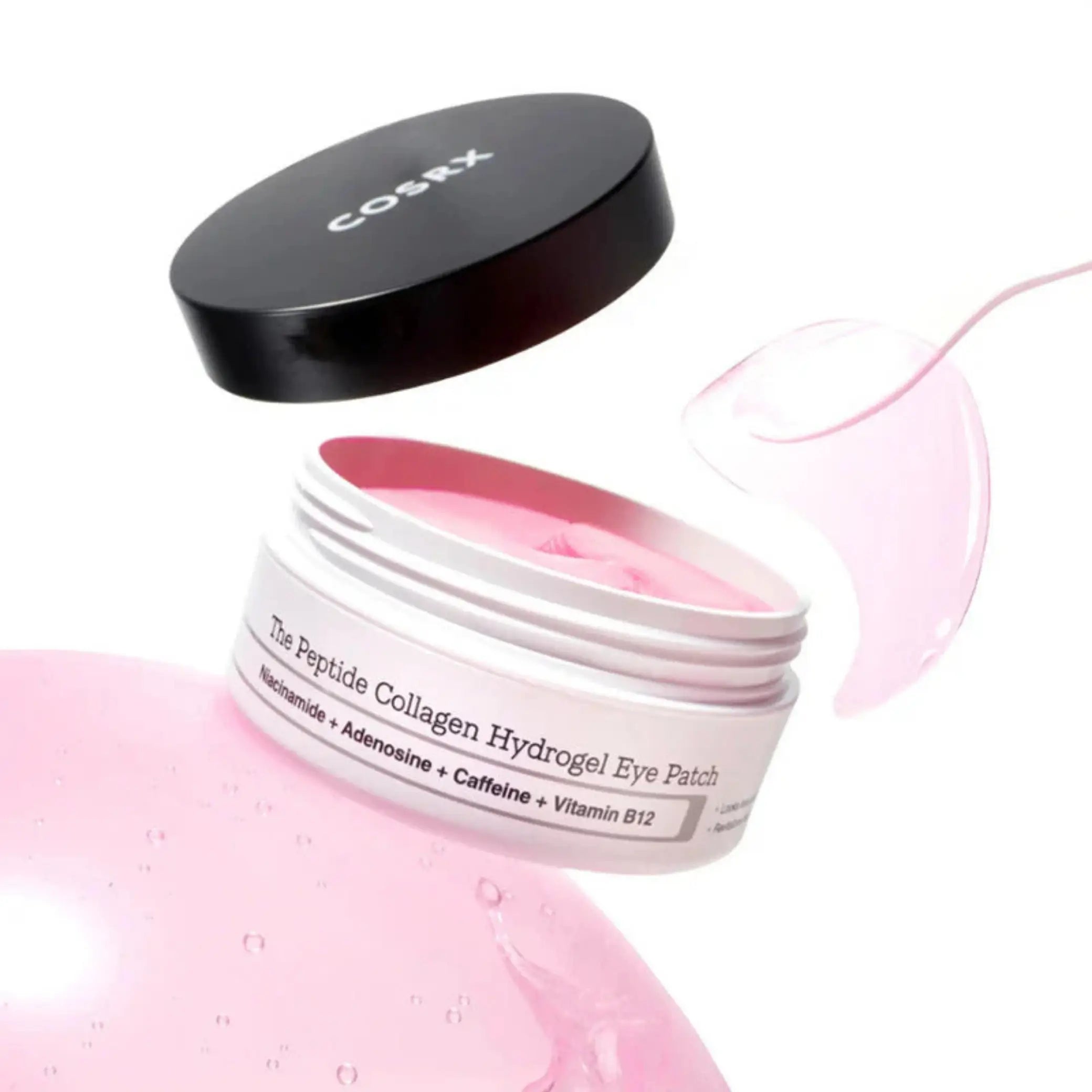 The Peptide Collagen Hydrogel Eye Patch da COSRX em frasco aberto com patches rosa e salpicos de essencia em fundo branco