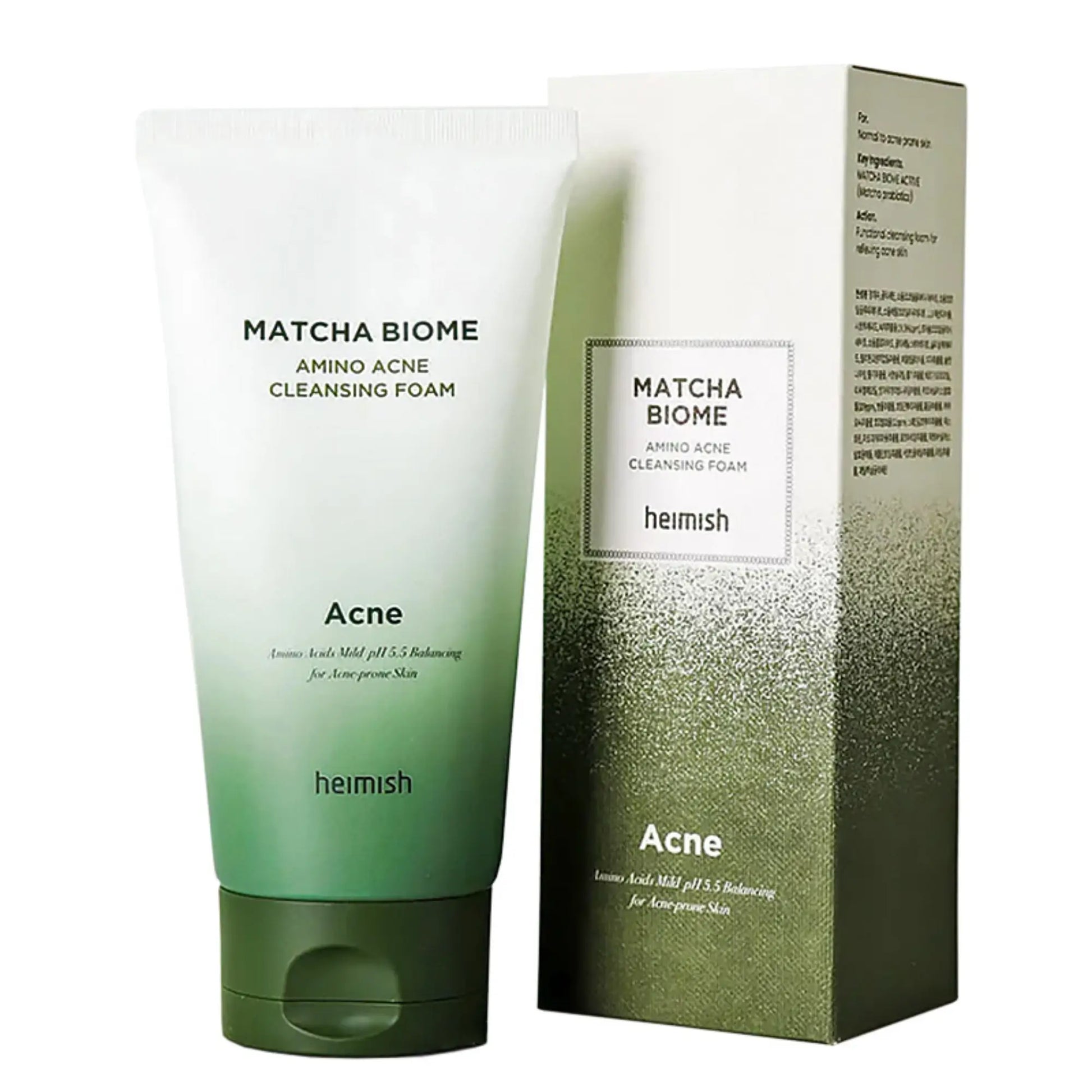 Heimish Matcha Biome Amino Acne Cleansing Foam 150g, espuma de limpeza facial coreana para pele oleosa e com acne, enriquecida com chá verde matcha e aminoácidos, frasco em pé ao lado da caixa original sobre fundo branco, cosmética coreana skincare k-beauty Portugal.