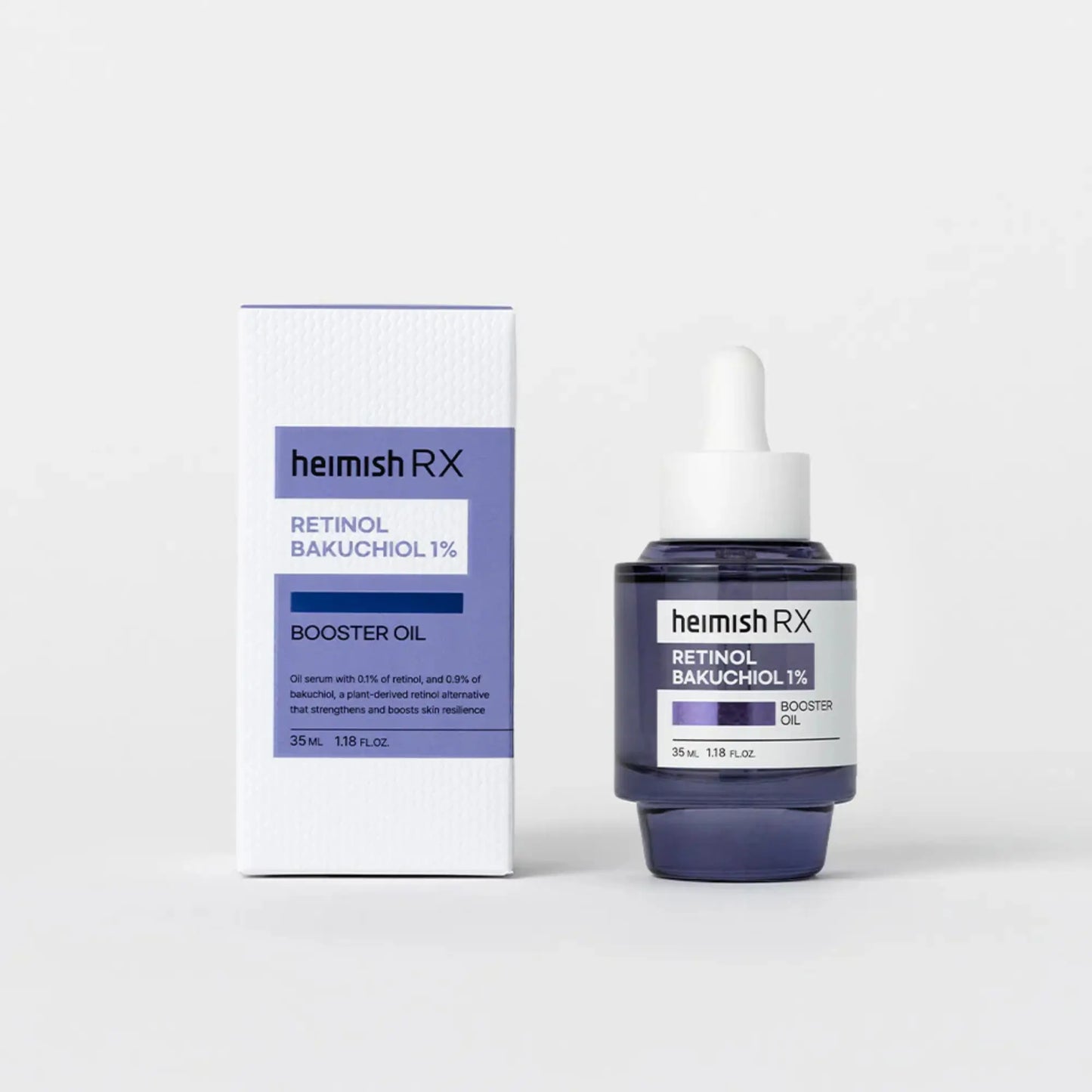 Heimish RX Retinol Bakuchiol Booster Oil 35ml, óleo facial coreano com retinol e bakuchiol que promove firmeza, suaviza linhas finas e dá luminosidade, frasco em pé ao lado da caixa sobre fundo lilás claro, cosmética coreana skincare k-beauty Portugal.