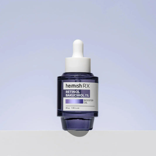 Heimish RX Retinol Bakuchiol Booster Oil 35ml, óleo facial coreano anti-envelhecimento com retinol e bakuchiol, ajuda a reduzir rugas, melhorar elasticidade e regenerar a pele, frasco em pé sobre fundo lilás claro, cosmética coreana skincare k-beauty Portugal.