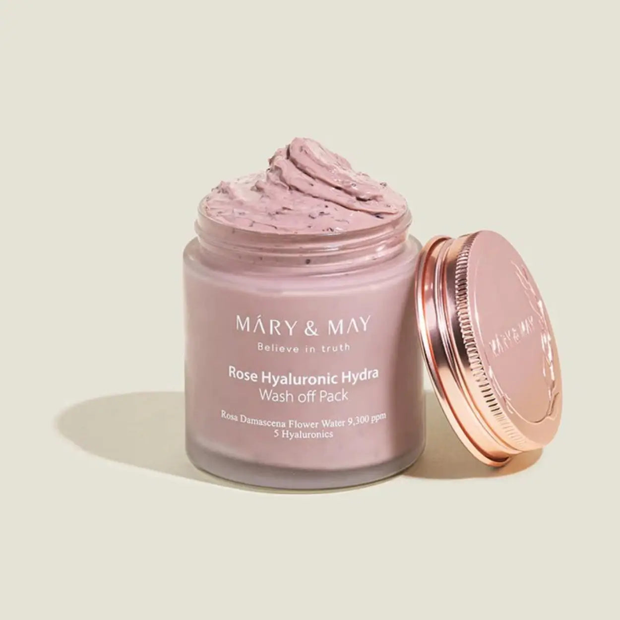Frasco aberto da Mary & May Rose Hyaluronic Hydra Wash Off Pack com fórmula cremosa – máscara hidratante e calmante com textura rica, ideal para pele desidratada, cosmética coreana, skincare k-beauty Portugal