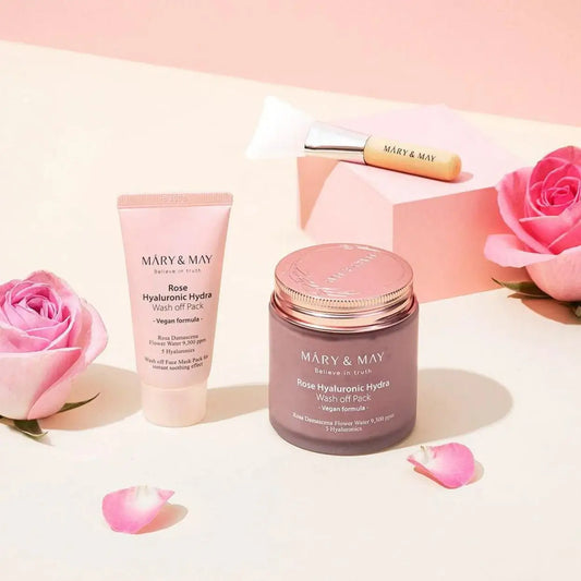 Mary & May Vegan Hyaluronic Hydra Wash Off Mask Special Gift Set com espátula e flor decorativa – conjunto de skincare coreano para pele desidratada com ação calmante e suavizante, cosmética coreana, skincare k-beauty Portugal
