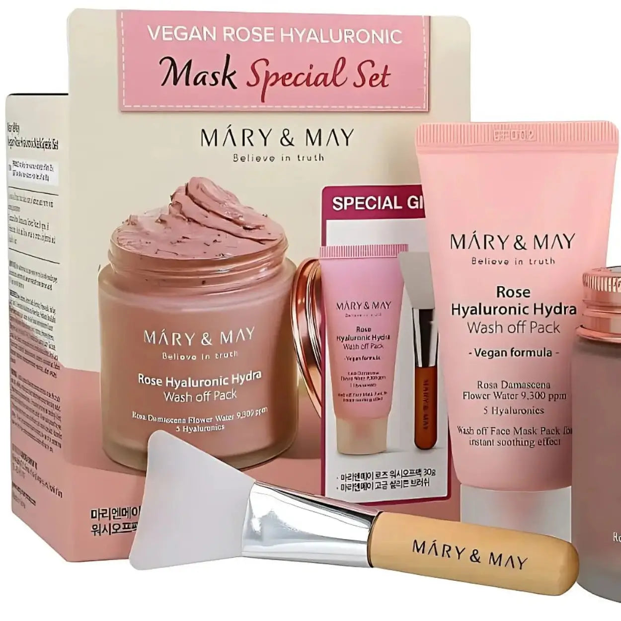 Mary & May Vegan Hyaluronic Hydra Wash Off Mask Special Gift Set com foco nos produtos e textura da máscara – cuidado hidratante profundo com fórmula vegana e ingredientes naturais, cosmética coreana, skincare k-beauty Portugal