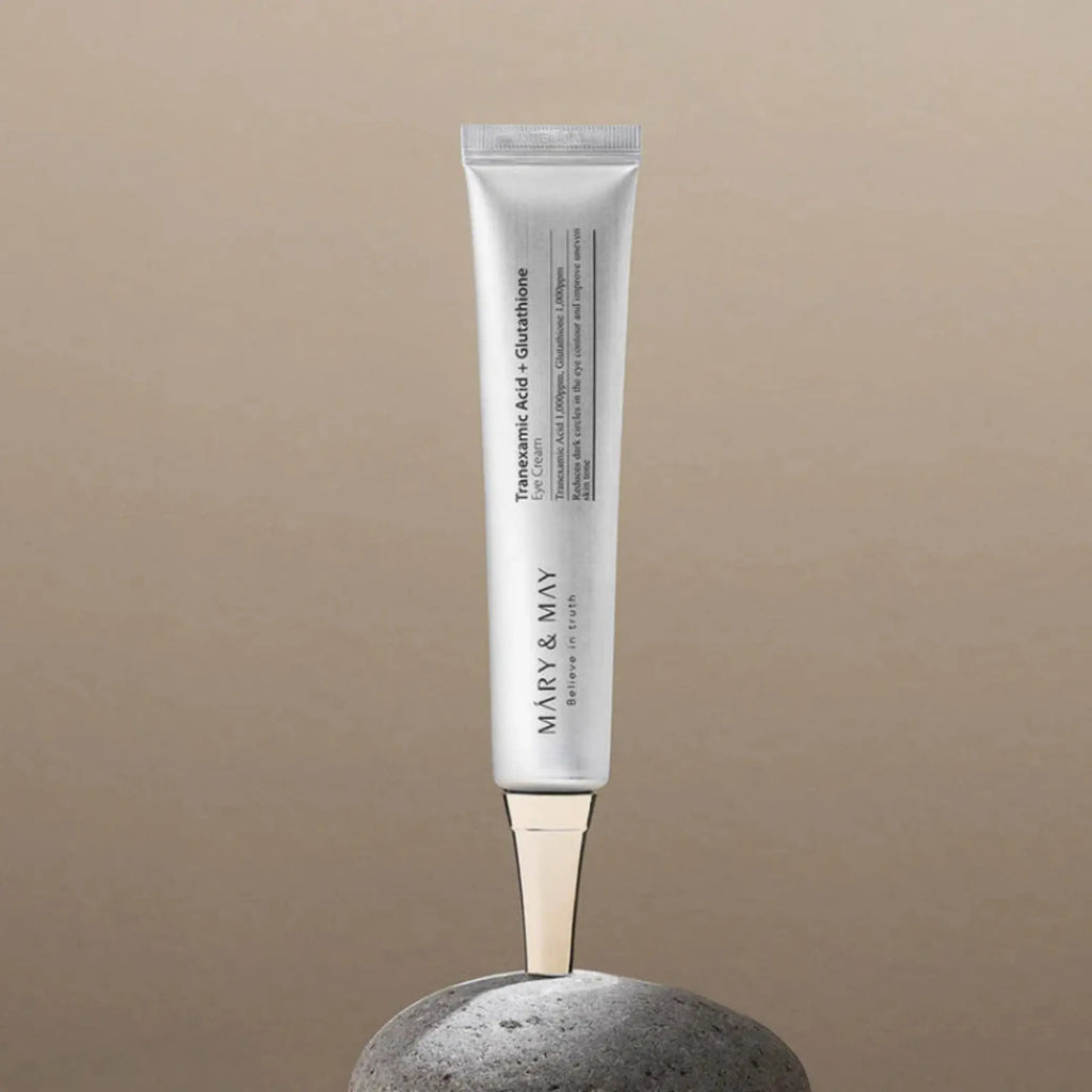 Mary & May – Tranexamic Acid + Glutathione Eye Cream, embalagem do creme de olhos com vitamina C e adenosina, cosmética coreana skincare Portugal