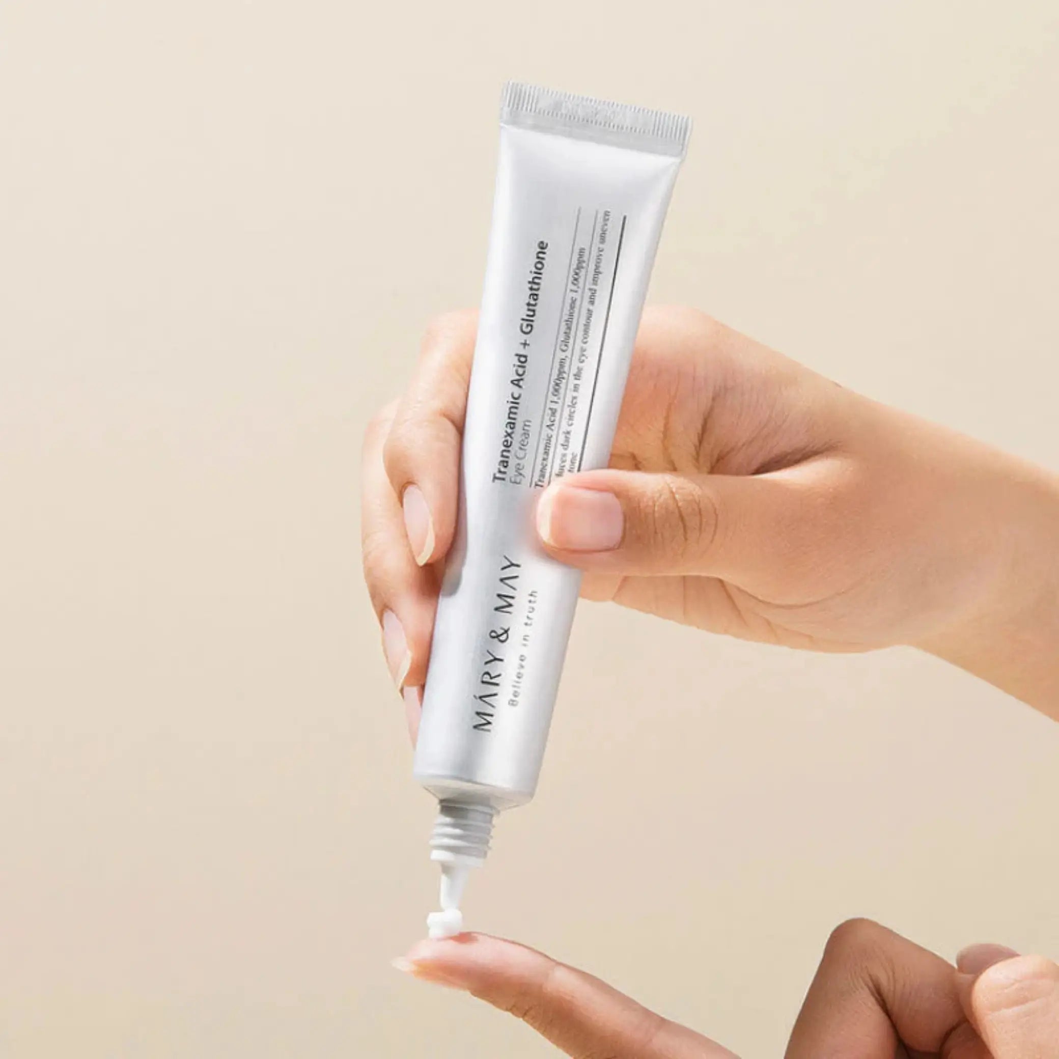 Mary & May – Tranexamic Acid + Glutathione Eye Cream, contorno de olhos coreano para reduzir olheiras, skincare Portugal cosmética coreana