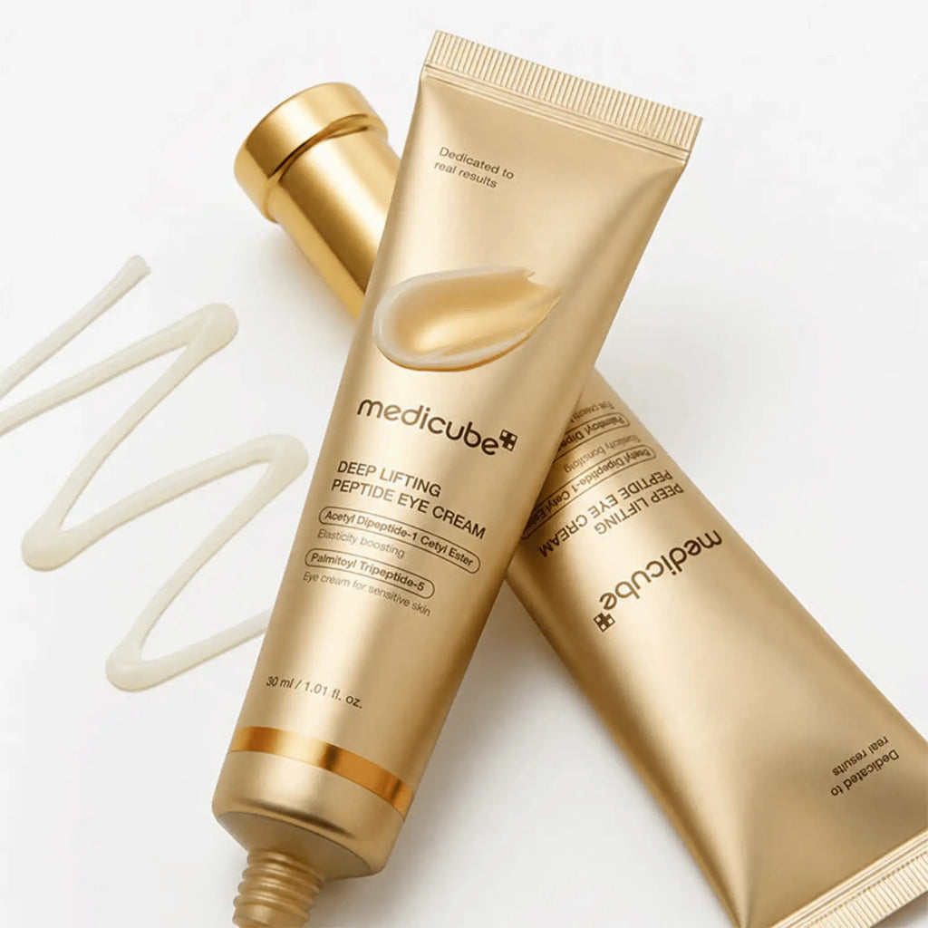 Medicube – Deep Lifting Peptide Eye Cream, aplicação na zona periocular para reduzir papada e olheiras, skincare Portugal cosmética coreana