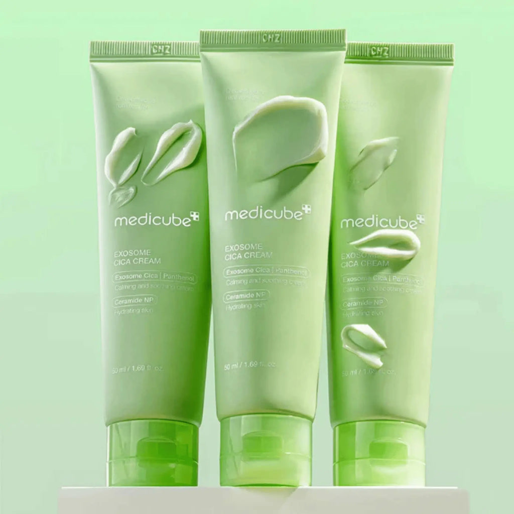 Medicube – Exosome Cica Cream, aplicação final da rotina para pele sensível e reativa, skincare Portugal cosmética coreana