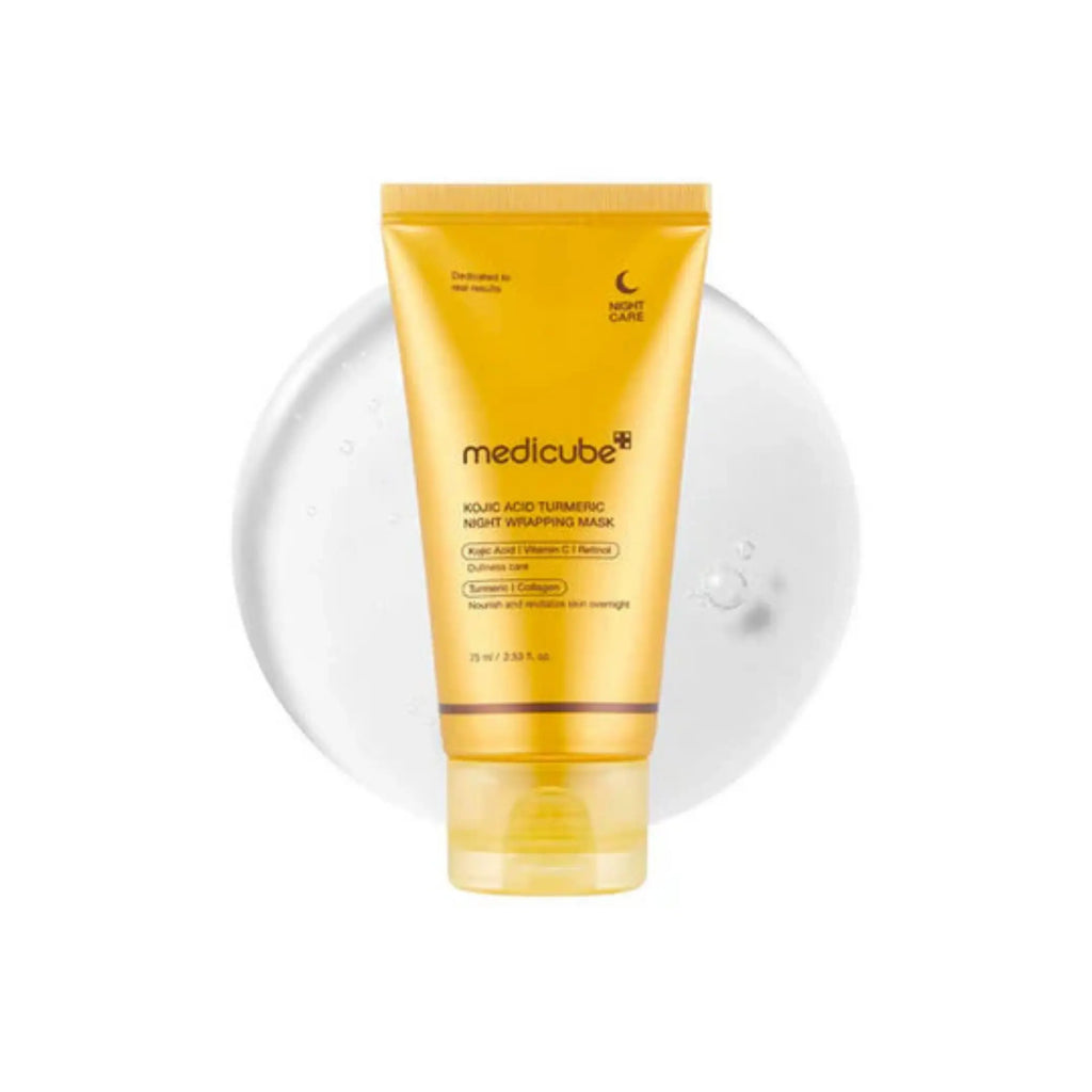 Medicube – Kojic Acid Turmeric Night Wrapping Mask, embalagem da máscara noturna com cúrcuma e ácido kójico, cosmética coreana skincare Portugal