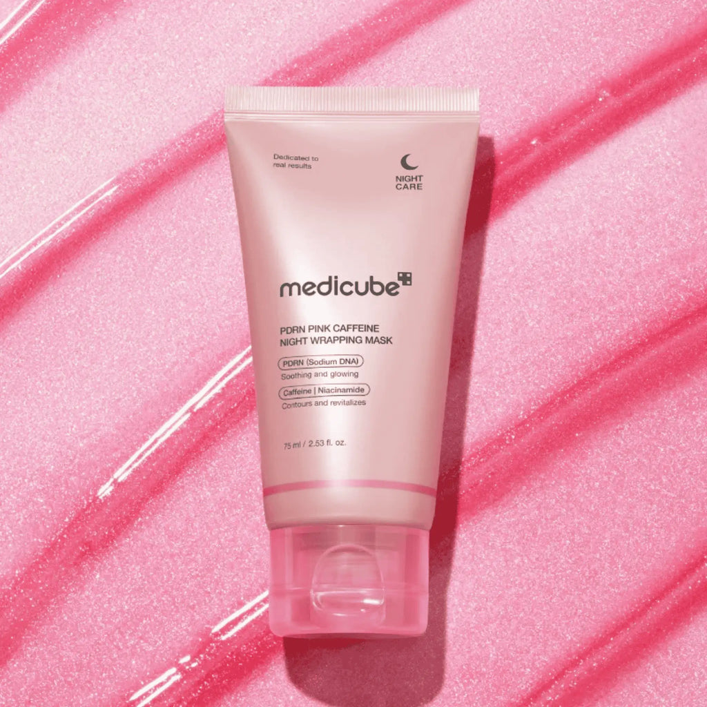 Medicube – PDRN Pink Caffeine Night Wrapping Mask, película rosa-perolada com ácido hialurónico para hidratação intensa, cosmética coreana skincare Portugal