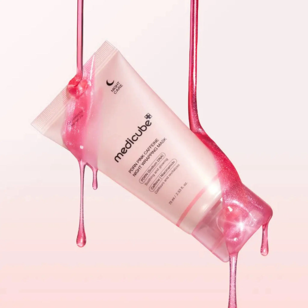 Medicube – PDRN Pink Caffeine Night Wrapping Mask, embalagem da máscara wrapping com PDRN e cafeína, cosmética coreana skincare Portugal