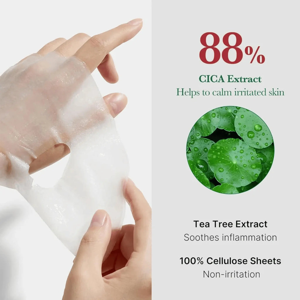 Super Cica Calming Mask da Medicube maos a segurar sheet mask ao lado de infografico com ingredientes
