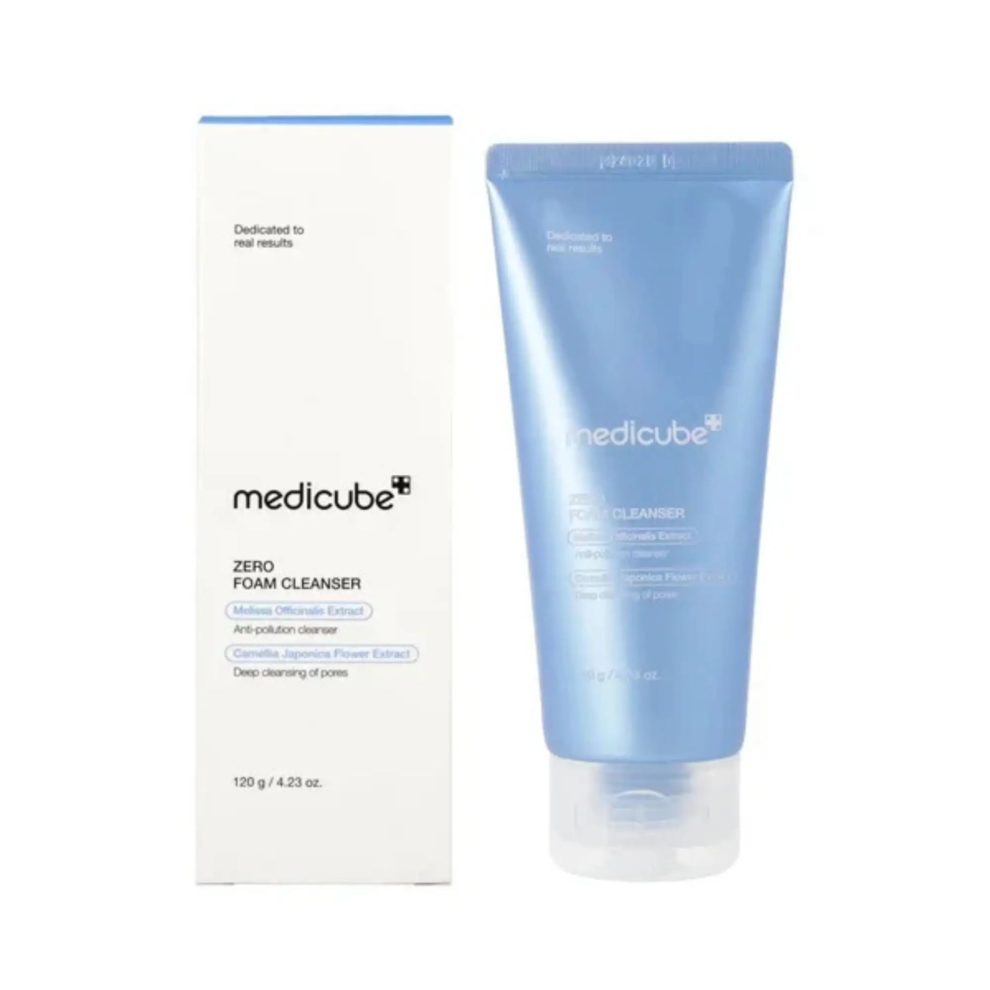 Medicube Zero Foam Cleanser 120g, espuma de limpeza facial coreana para purificação profunda, suavização de poros e frescura diária, frasco aberto com tampa azul ao lado sobre superfície branca, cosmética coreana skincare k-beauty Portugal.