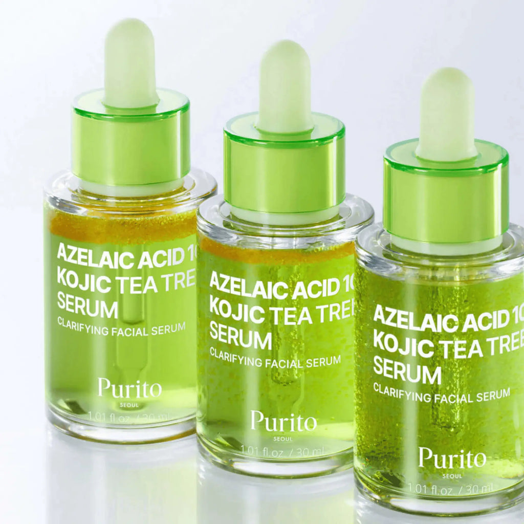 Azelaic Acid 10 Kojic Tea Tree Serum da Purito SEOUL três frascos alinhados em grupo