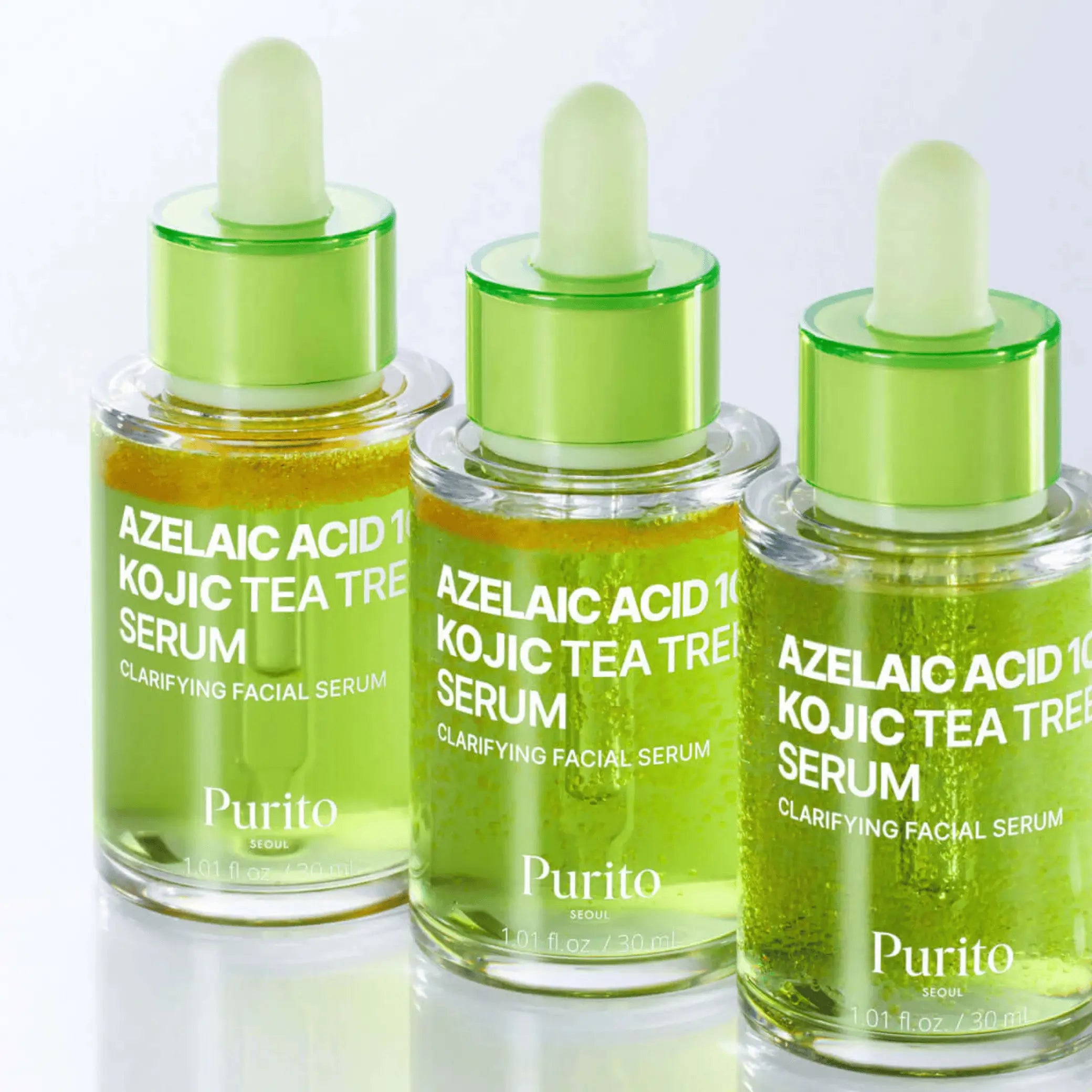Azelaic Acid 10 Kojic Tea Tree Serum da Purito SEOUL três frascos alinhados em grupo