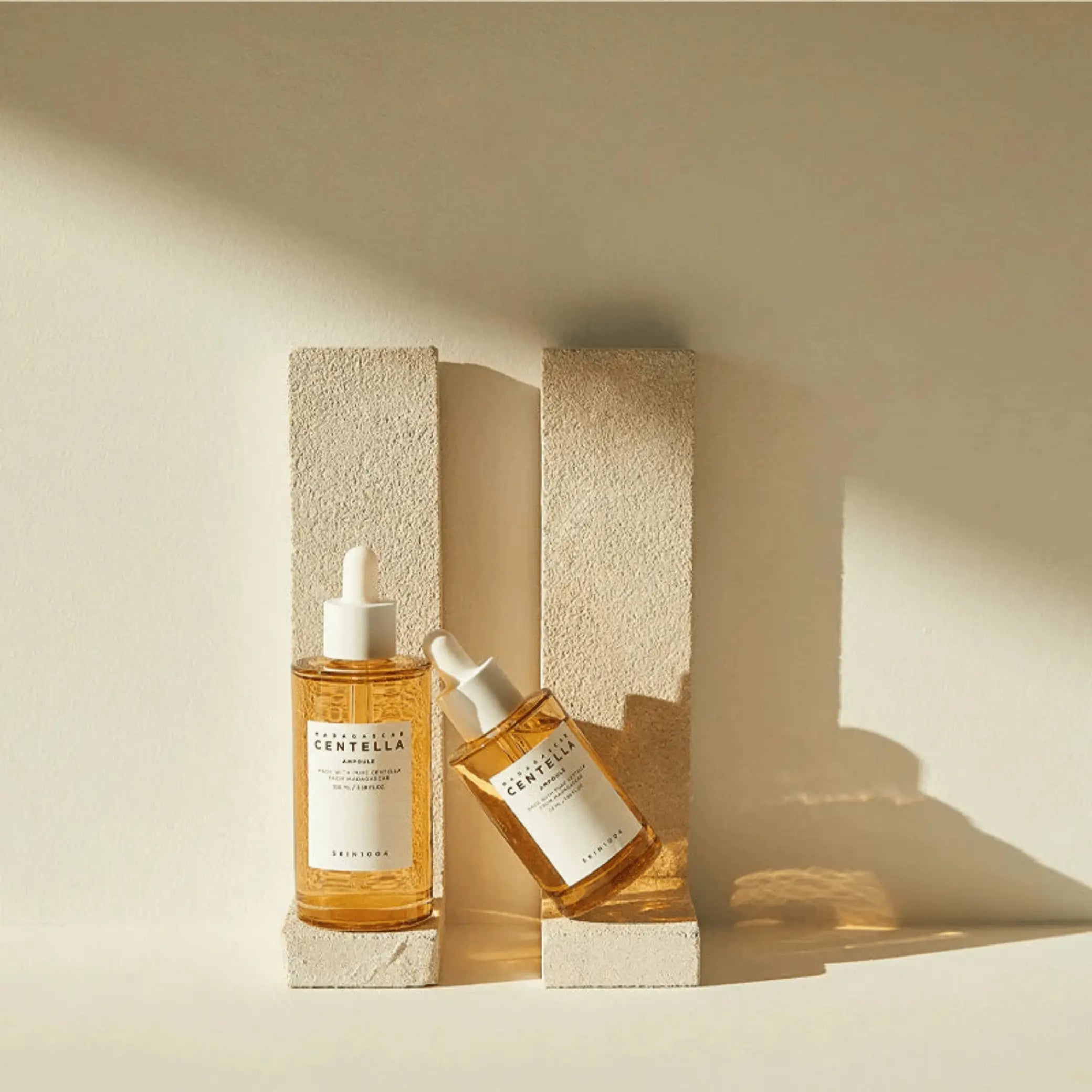 Madagascar Centella Ampoule da Skin1004 em dois tamanhos apoiados em blocos de pedra com luz natural