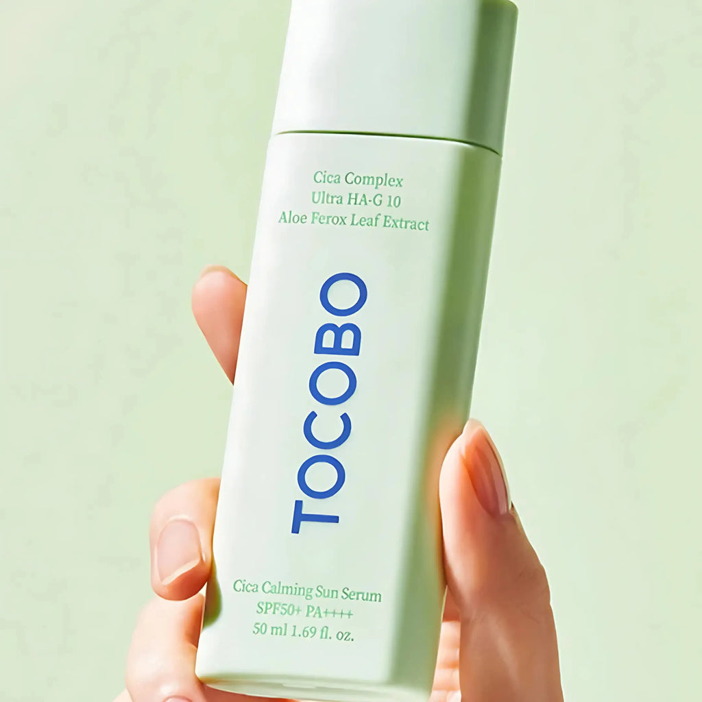 Tocobo – Cica Calming Sun Serum SPF50+, protetor solar coreano em sérum com cica calmante, cosmética coreana, skincare em Portugal