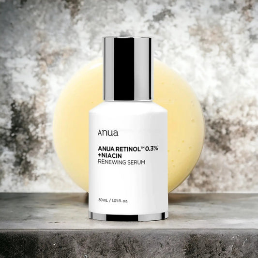 Retinol 0.3% + Niacin Renewing Serum da Anua – sérum coreano com retinol puro e niacinamida, ideal para suavizar linhas finas, uniformizar o tom da pele e estimular a renovação celular. A sua fórmula equilibrada ajuda a reduzir manchas e sinais de envelhecimento, proporcionando uma pele mais firme e luminosa. Um essencial de k-beauty para uma rotina de cosmética coreana eficaz no rejuvenescimento da pele