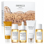 SKIN1004 Madagascar Centella Travel Kit com caixa, espuma de limpeza, tónico, ampola, creme e óleo de limpeza.