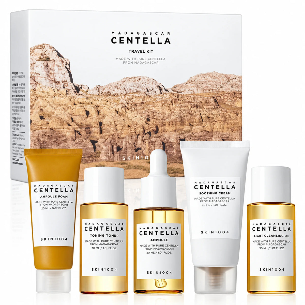 SKIN1004 Madagascar Centella Travel Kit com caixa, espuma de limpeza, tónico, ampola, creme e óleo de limpeza.